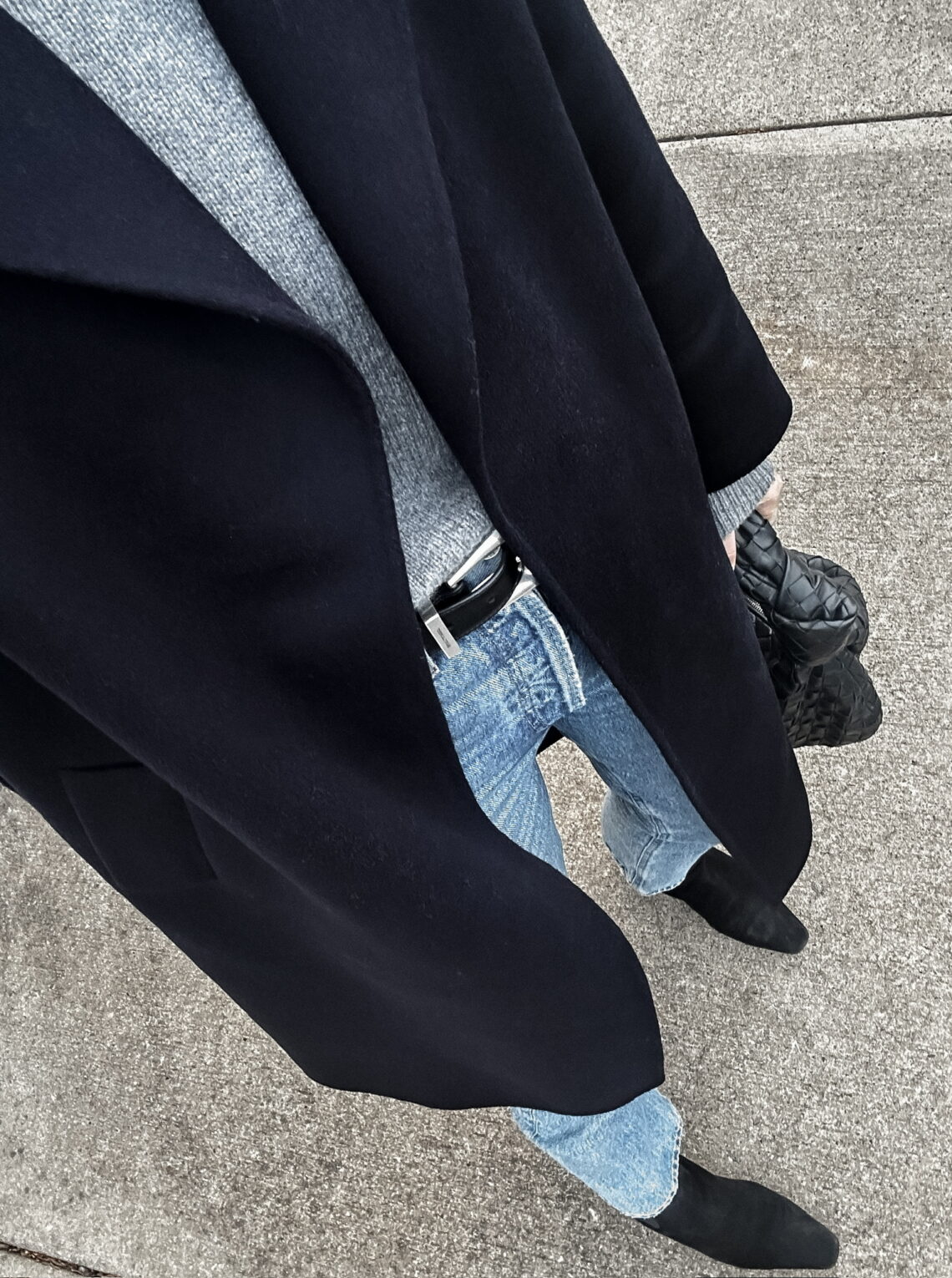 Fashion Jackson wearing MAYSON the label navy wrap coat, MAYSON the label grey sweater, AGOLDE jeans, suede boots, winter outfit